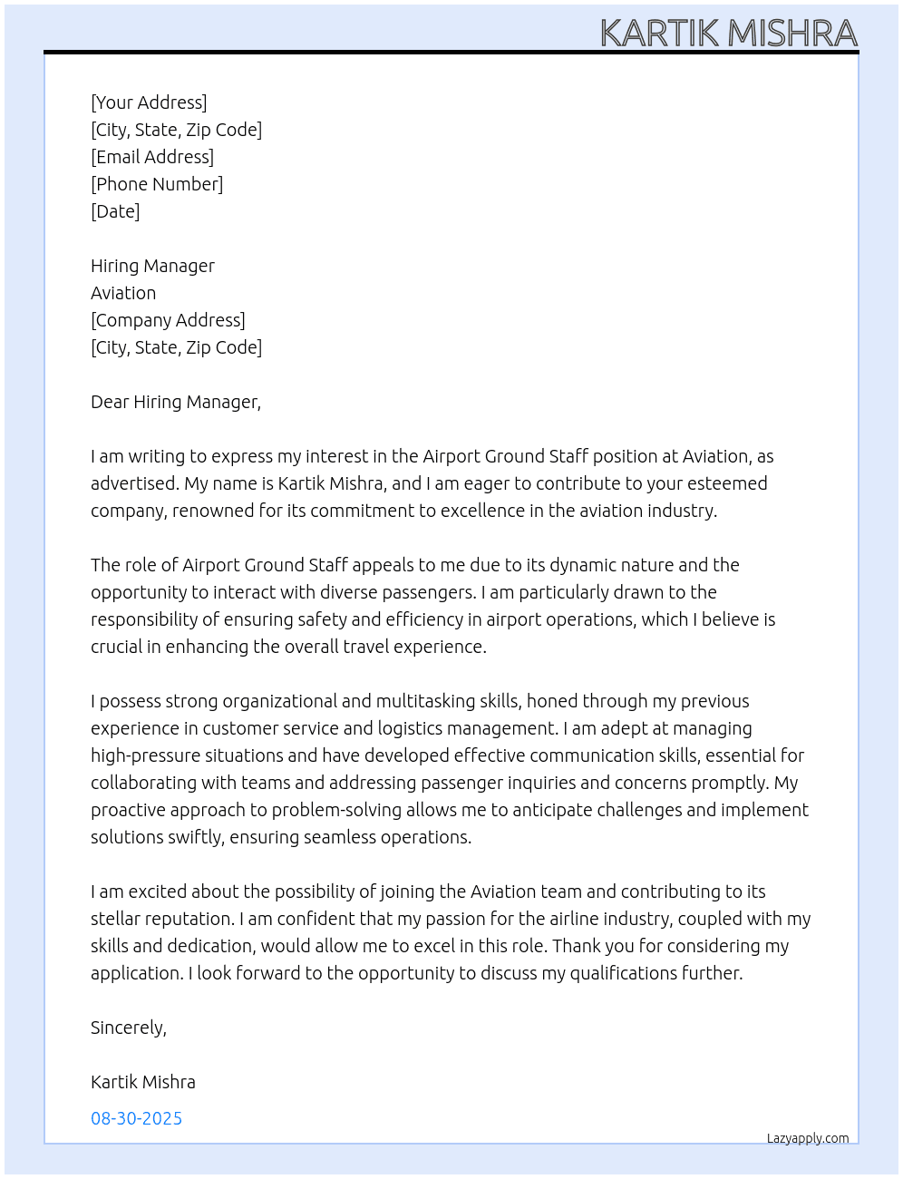 Airport Ground Staff  At Aviation Cover Letter
