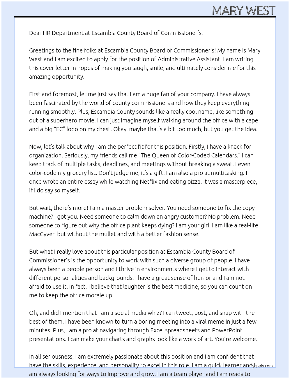 Administrative Assistant  At Escambia County Board of Commissioner’s  Cover Letter
