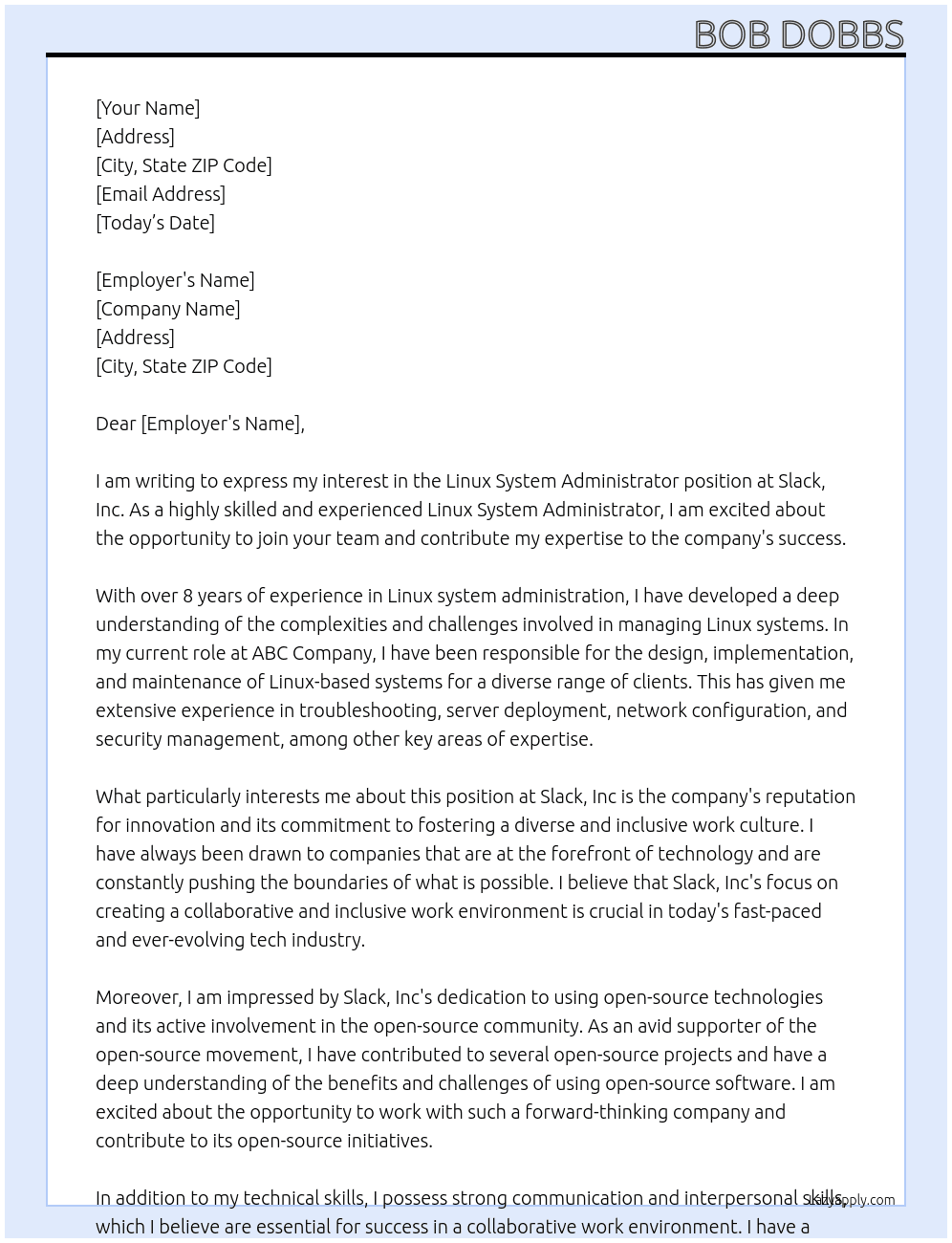 Linux System Administrator At Slack, Inc Cover Letter