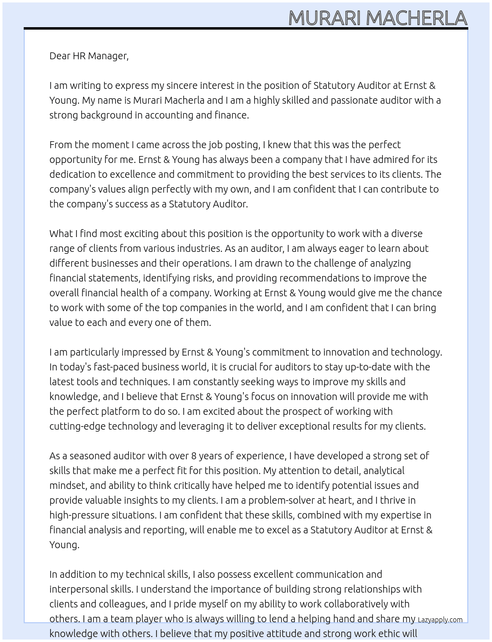 Statutory auditor  At Ernst & Young Cover Letter
