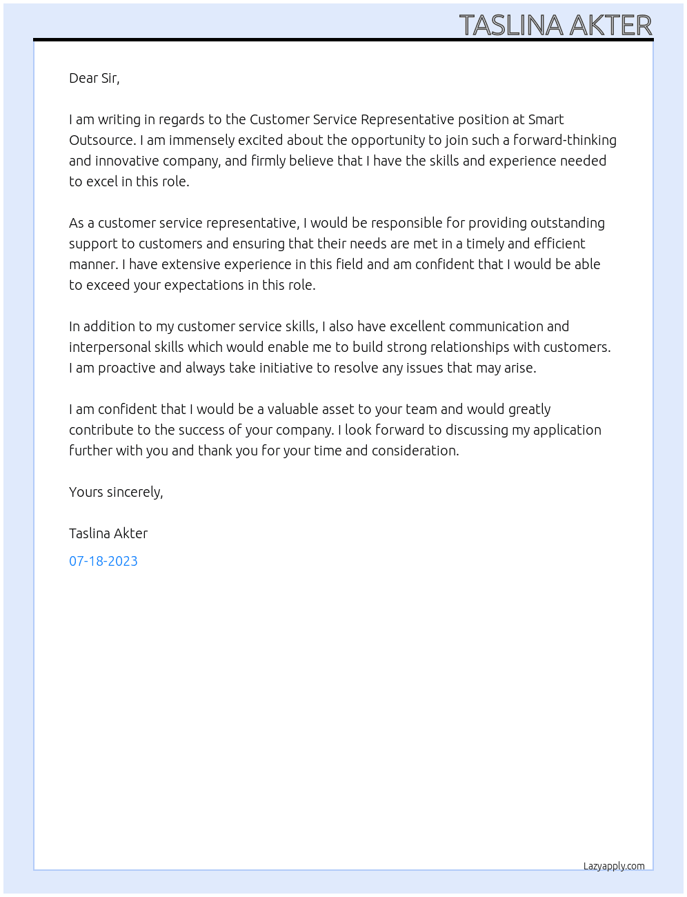 Customer service Representative  At Smart Outsource  Cover Letter