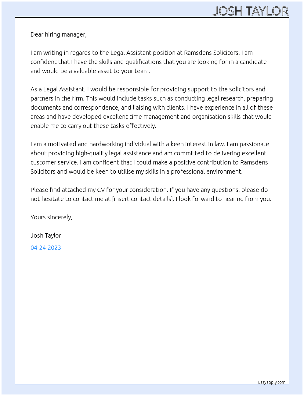 Legal Assistant At Ramsdens Solicitors Cover Letter