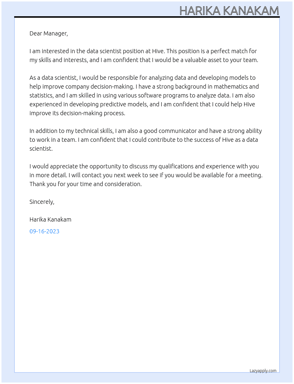 data scientist At Hive Cover Letter