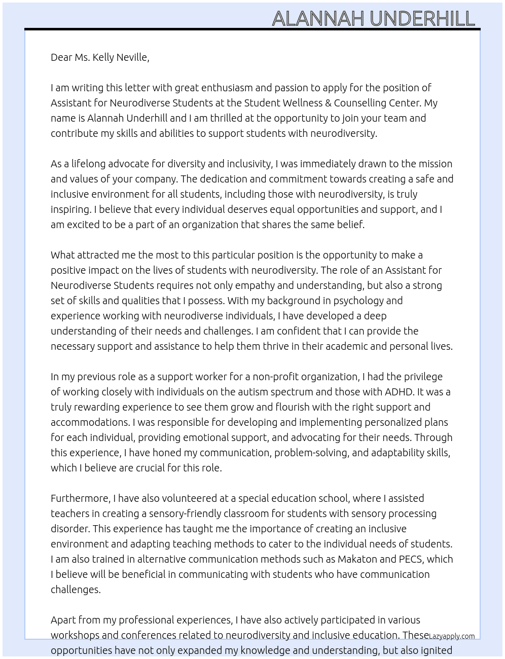 Assistant for Neurodiverse Students At Student Wellness & Councelling Center Cover Letter