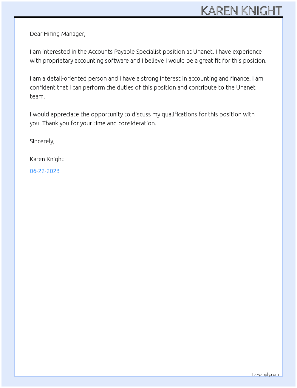 Accounts Payable Specialist At Unanet Cover Letter