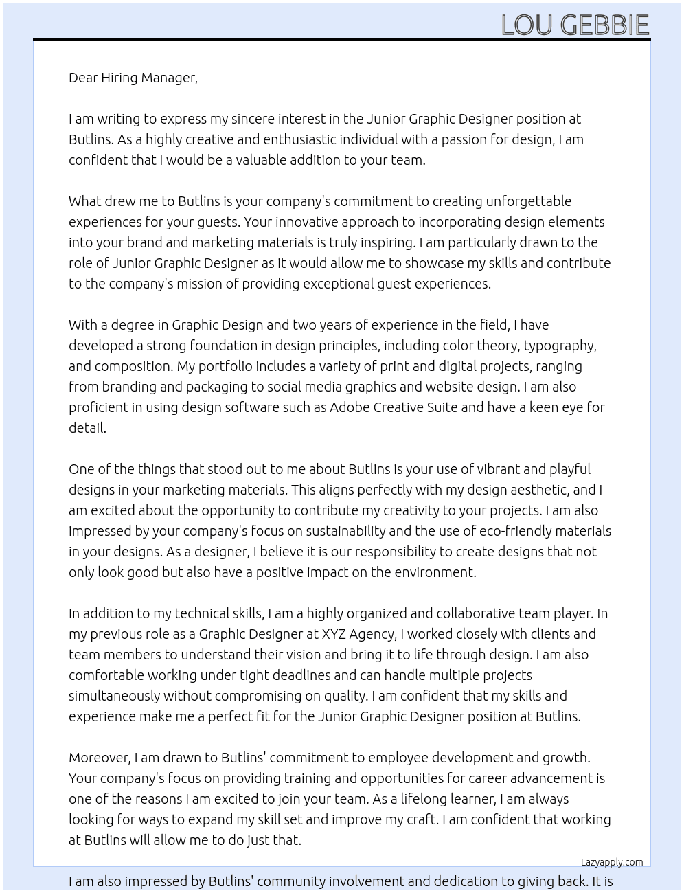 Junior Graphic Designer At Butlins Cover Letter