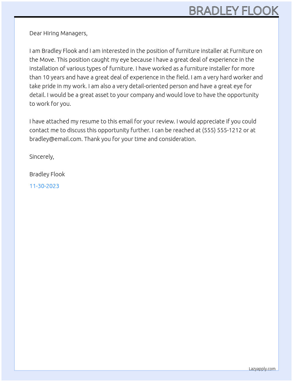 Furniture installer  At Furniture on the move  Cover Letter