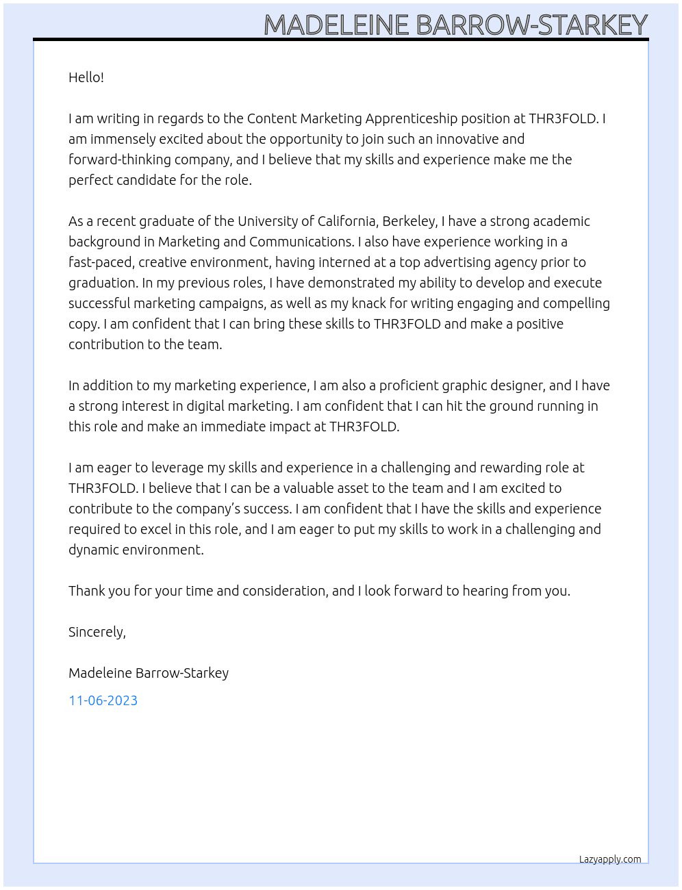 Content Marketing Apprenticeship At THR3FOLD Cover Letter