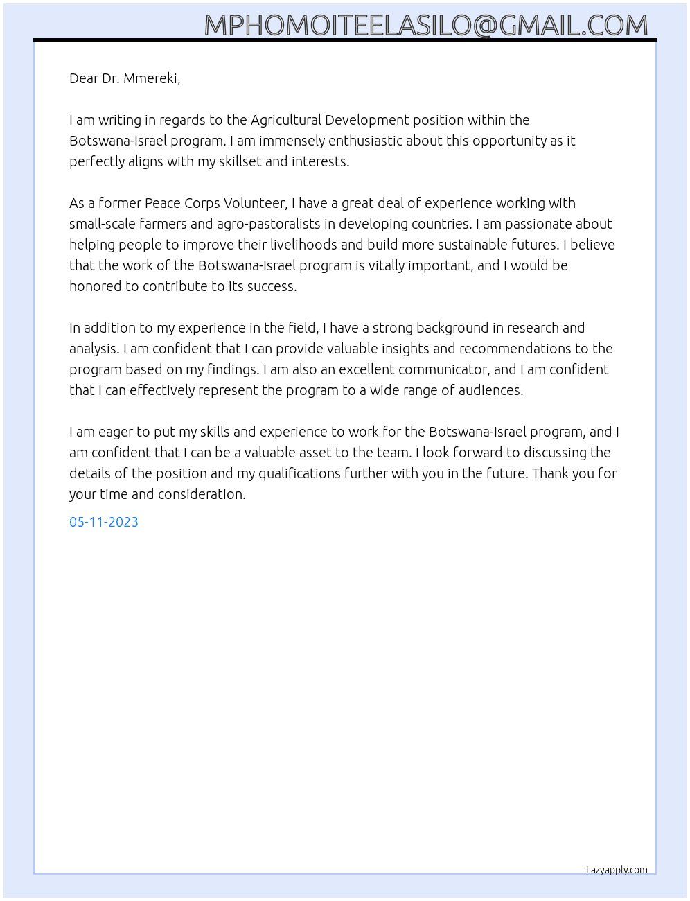 Agricultural Development  At Botswana-Israel program  Cover Letter