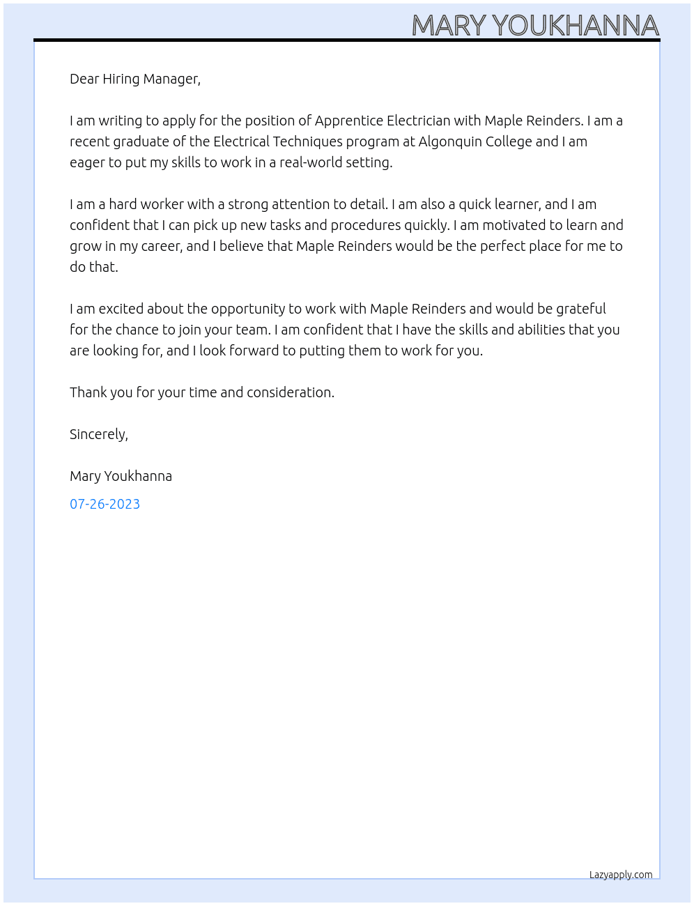 Apprentice Electrician At Maple Reinders Cover Letter