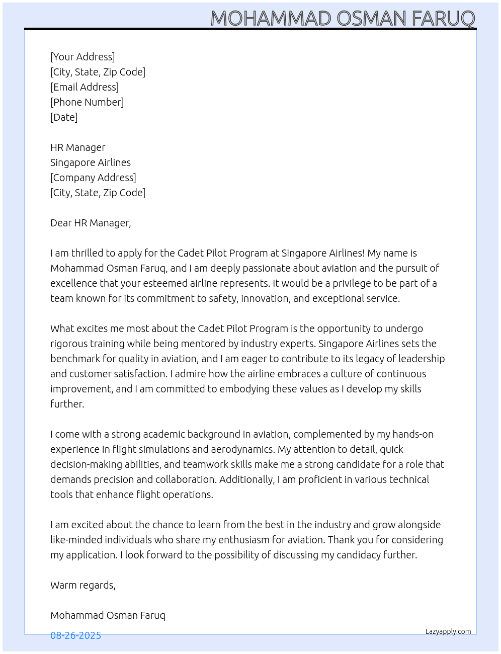 Cadet Pilot Program At Singapore Airlines Cover Letter