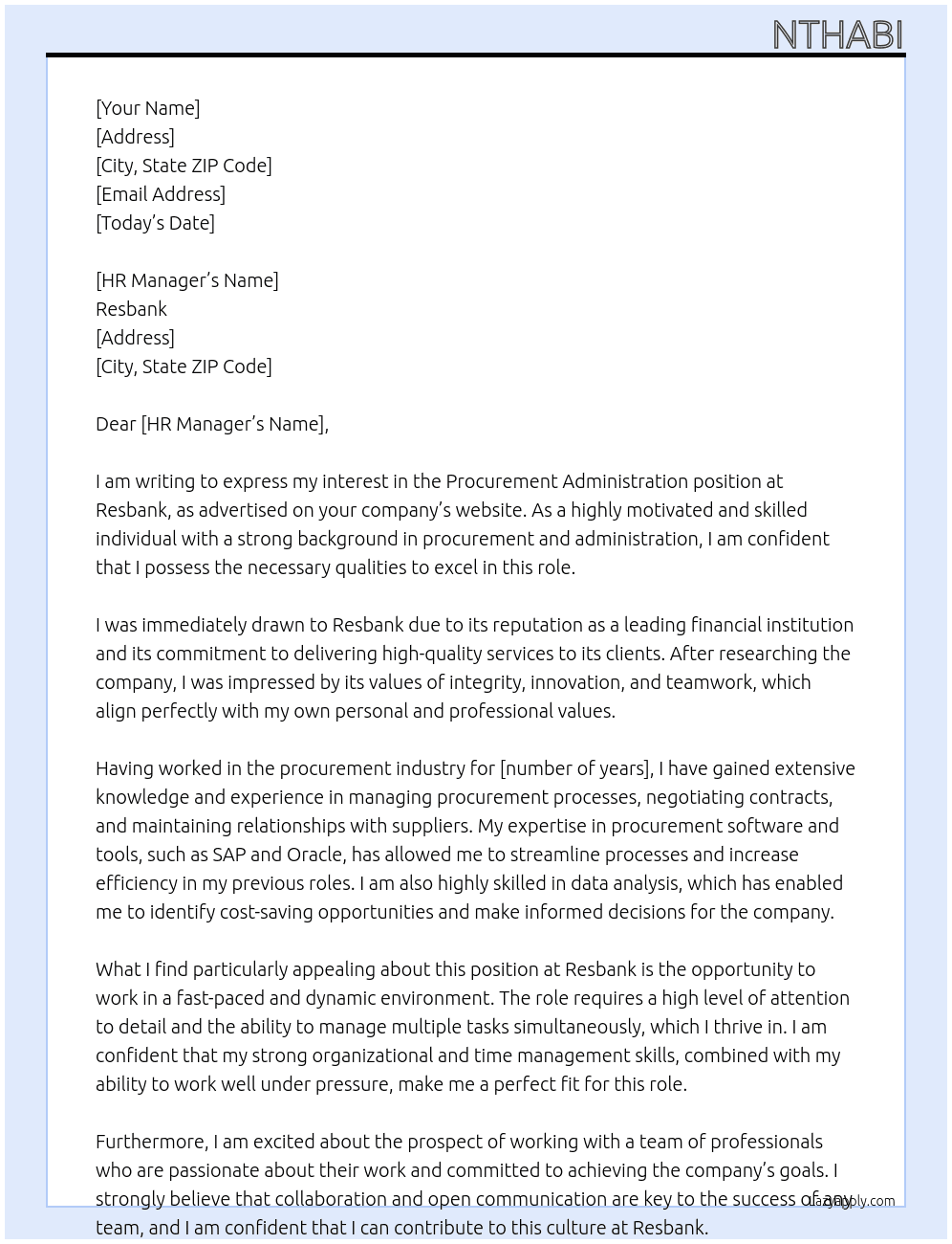 Procument Administration At Resbank Cover Letter