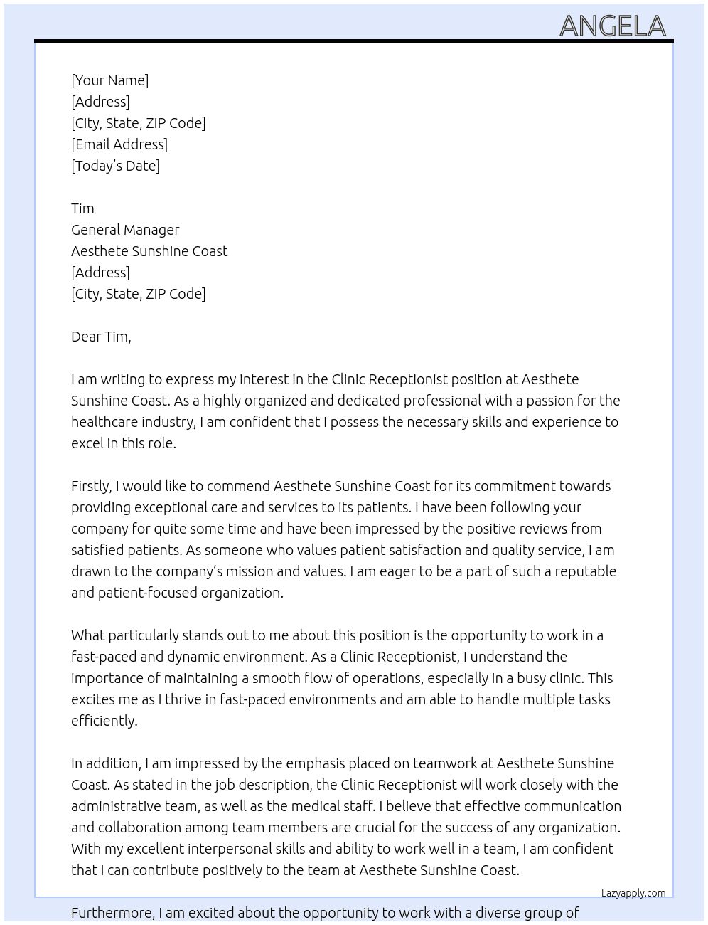 Clinic Receptionist  At Aesthete Sunshine Coast Cover Letter