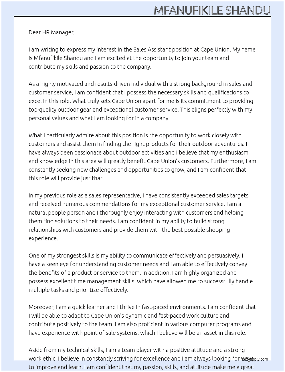 Sales assistant At Cape union Cover Letter