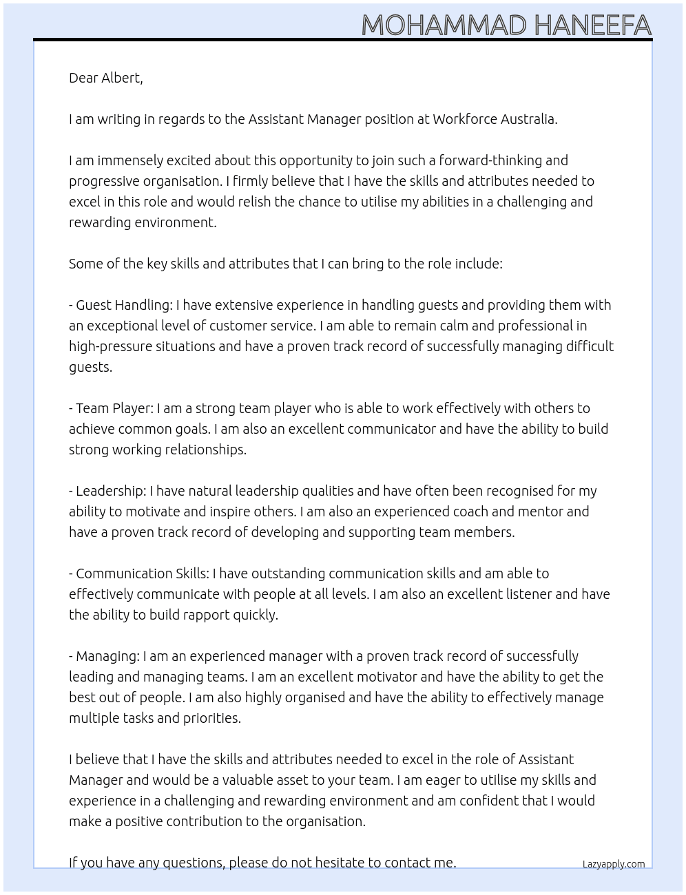 Assistant manager At Workforce Australia  Cover Letter