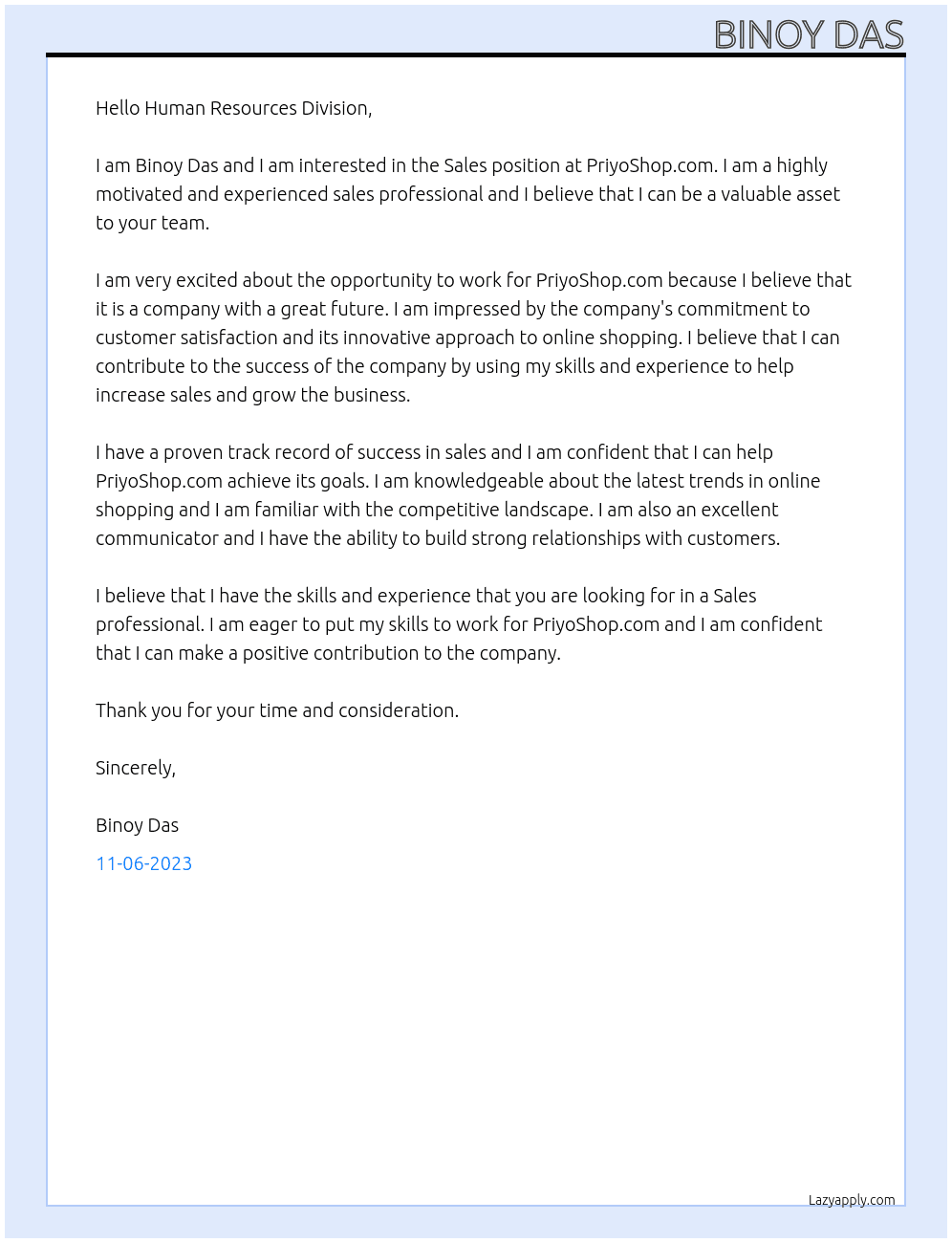 Sales At PriyoShop.Com Cover Letter
