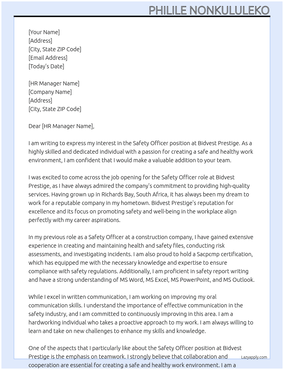 Safety officer  At Bidvest Prestige Cover Letter