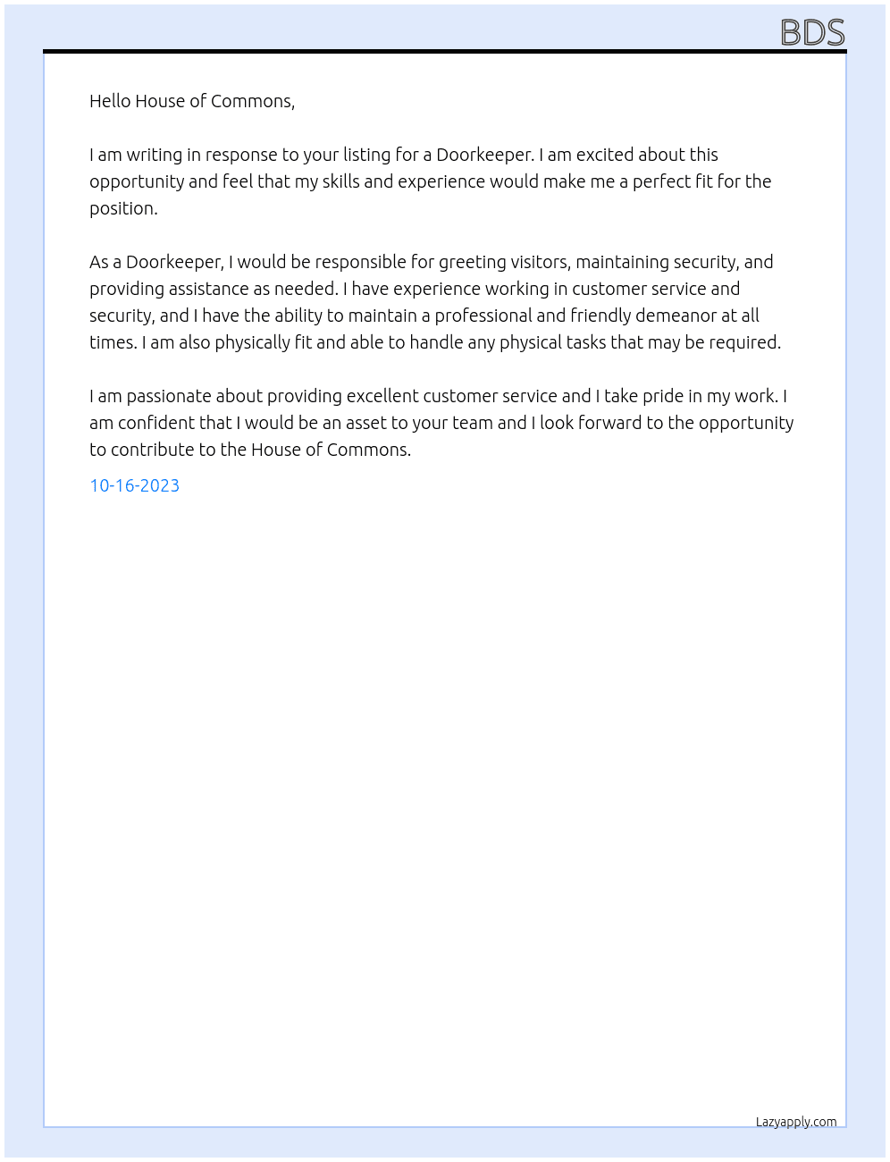 Doorkeeper  At House of Commons  Cover Letter