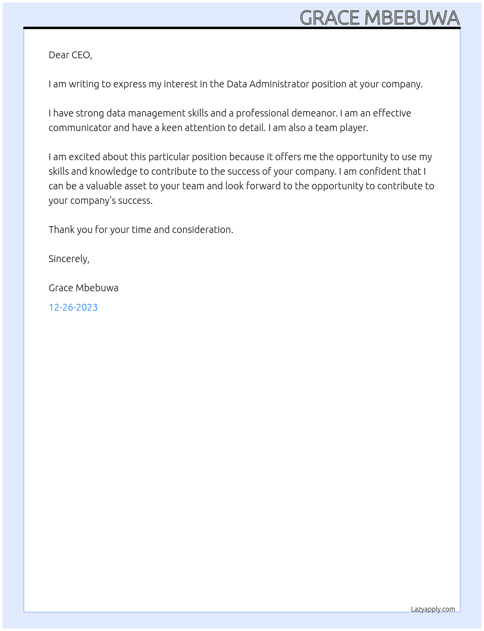 Data Administrator  At NA Cover Letter