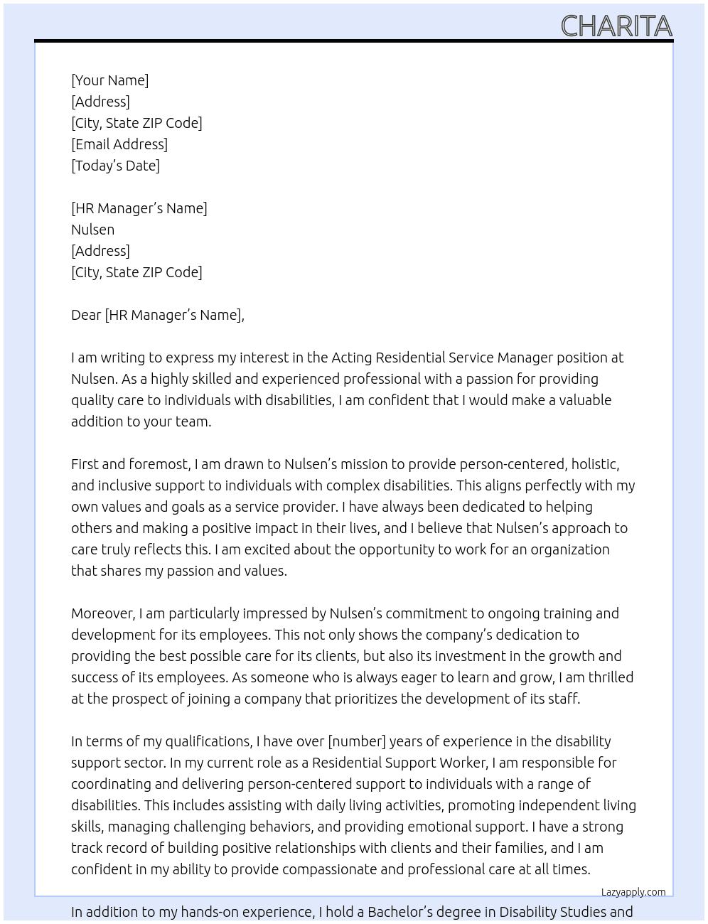 Acting Residential service manager  At Nulsen  Cover Letter