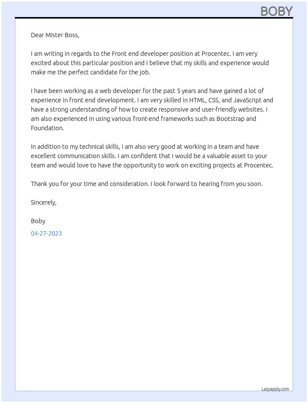 Front end developer At Procentec Cover Letter