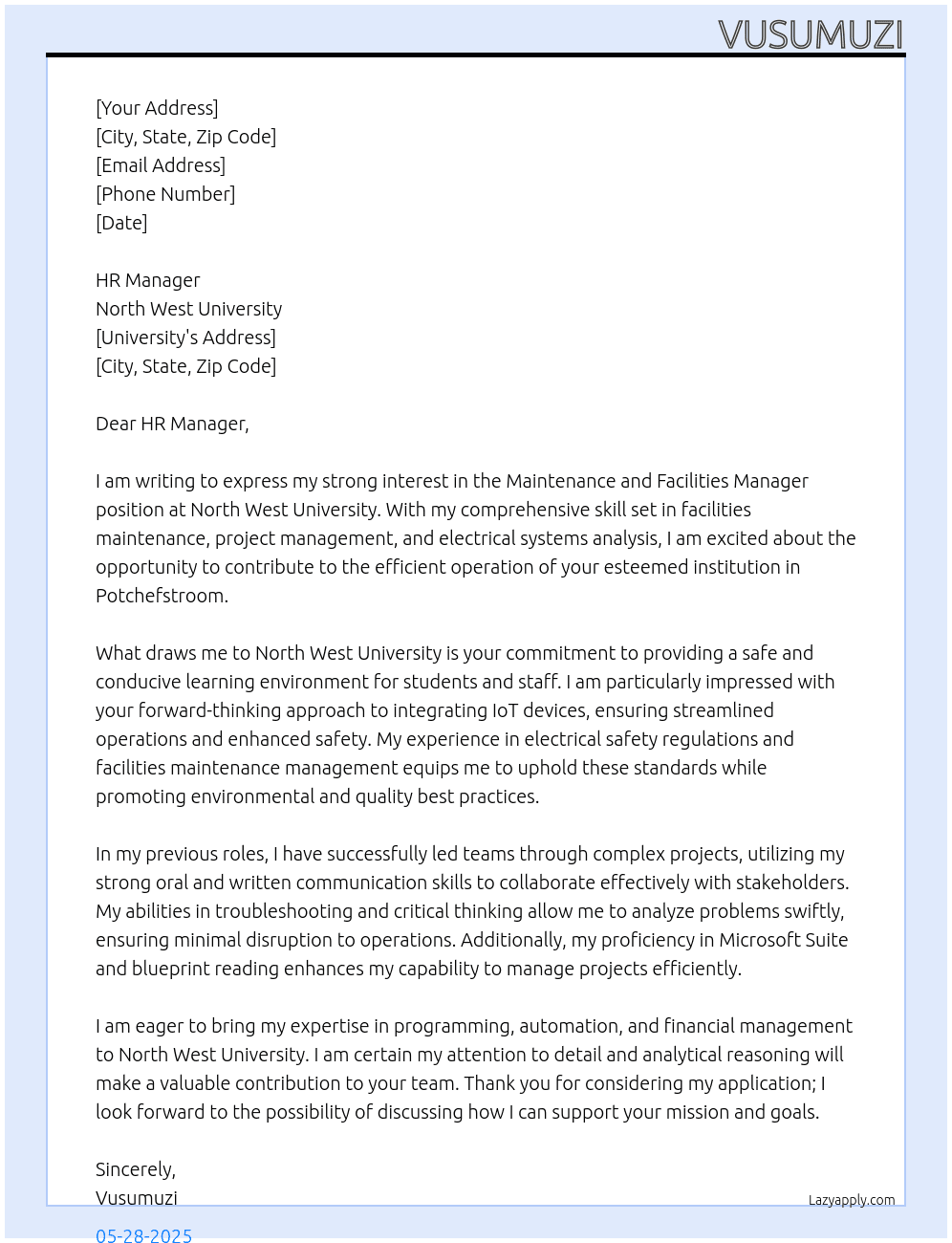 Maintenance and Facilities Manager At North West University Cover Letter