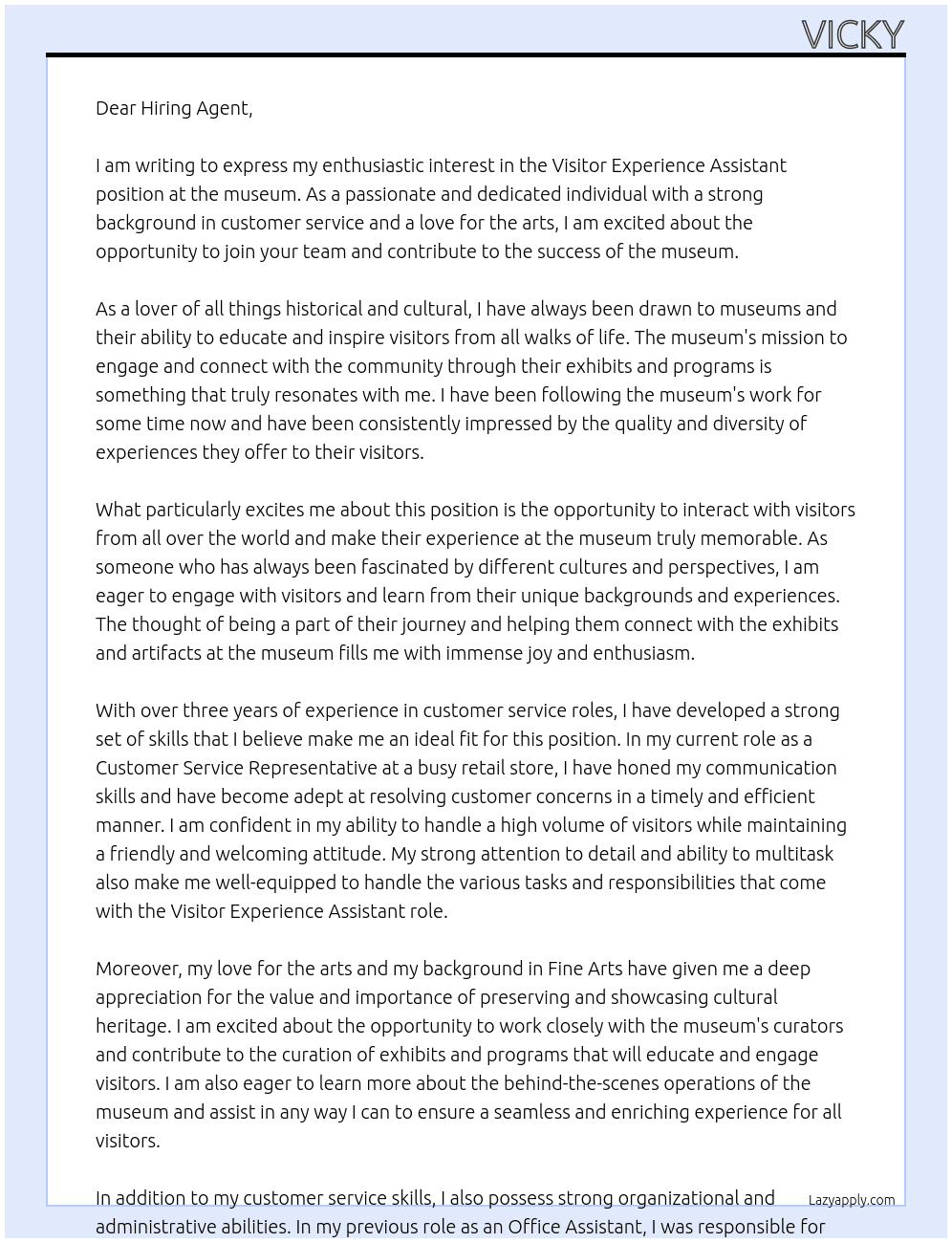 visitor experience assistant At museum Cover Letter