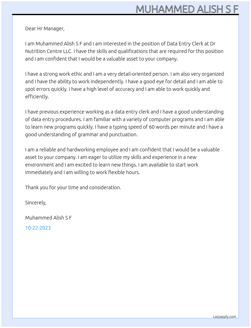 Data Entry Clerk  At Dr Nutrition Centre LLC Cover Letter