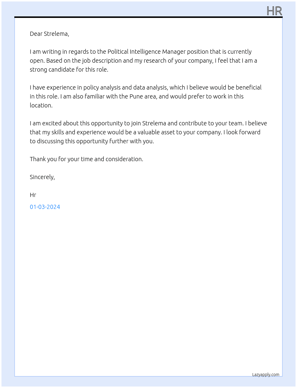 Political Intelligence Manager At Strelema Cover Letter