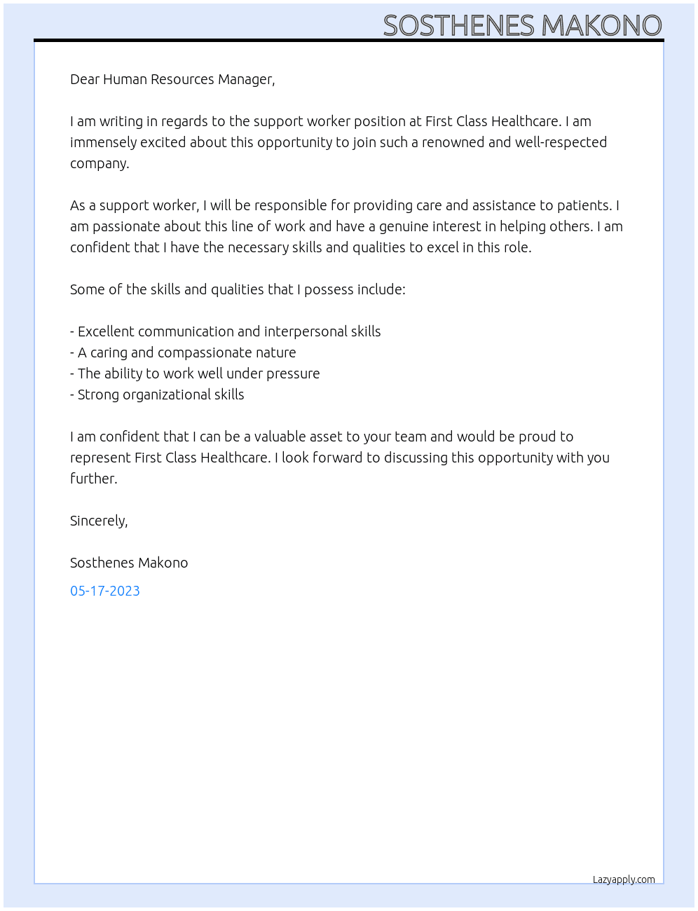 support worker At First Class  Healthcare Cover Letter
