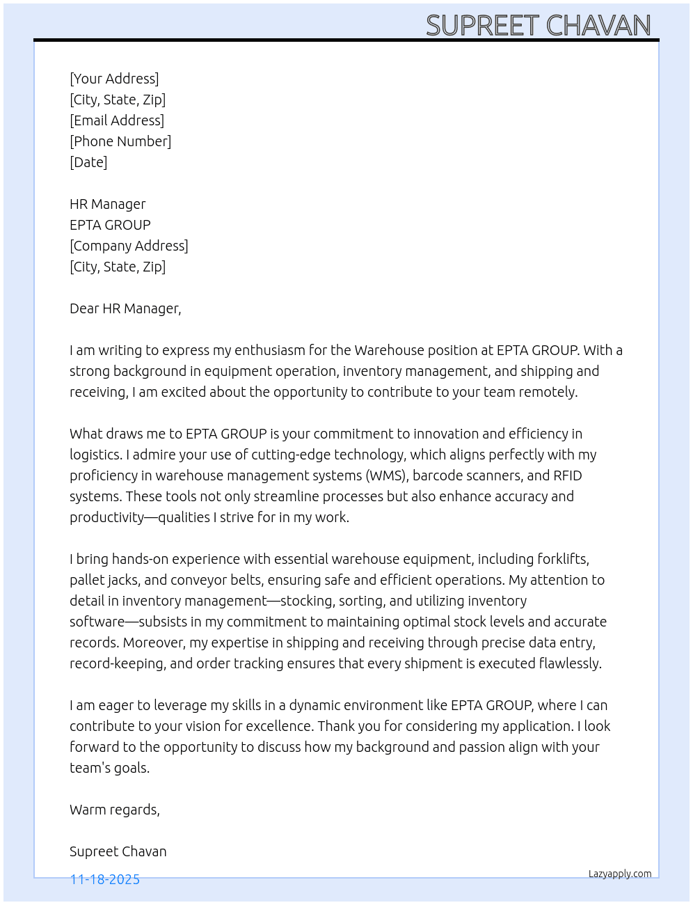 Warehouse  At EPTA GROUP  Cover Letter