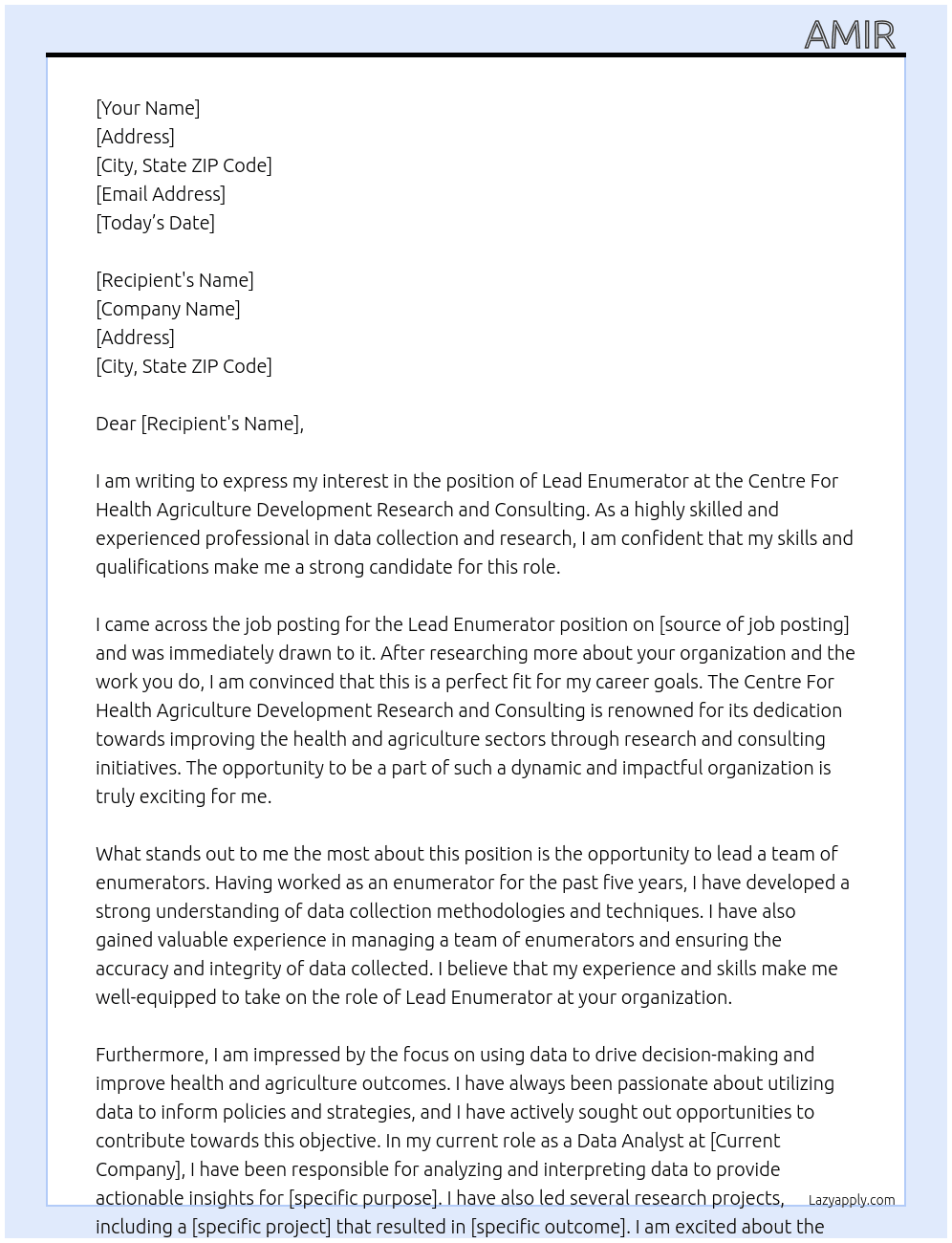 Lead Enumerator At Centre For Health Agriculture Development  Research and Consulting  Cover Letter