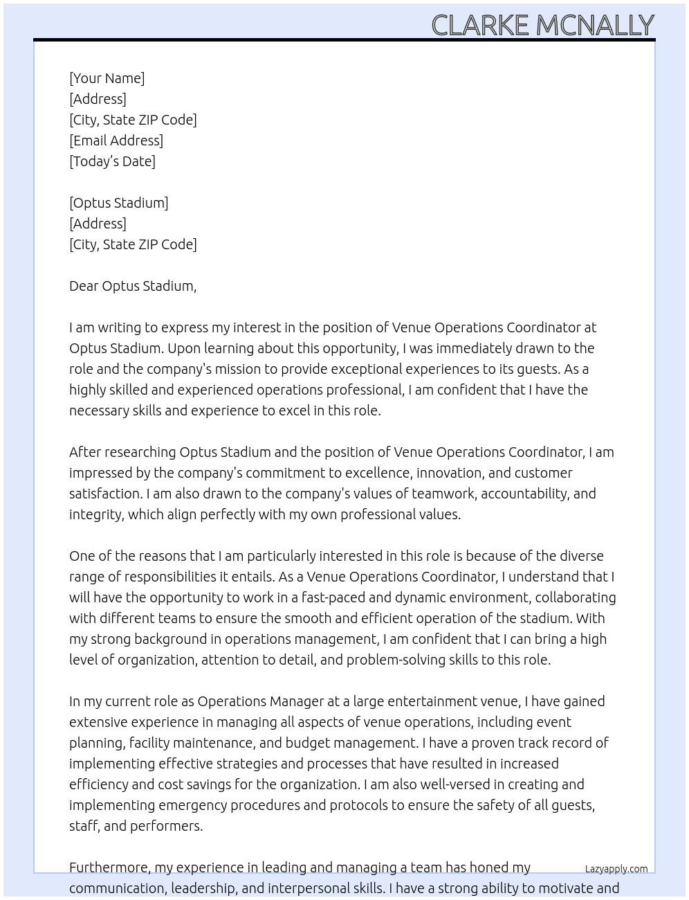 Venue Operations COORDINATOR At Optus Stadium Cover Letter