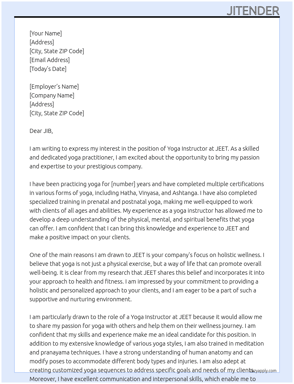 Yoga Instructor At JEET  Cover Letter