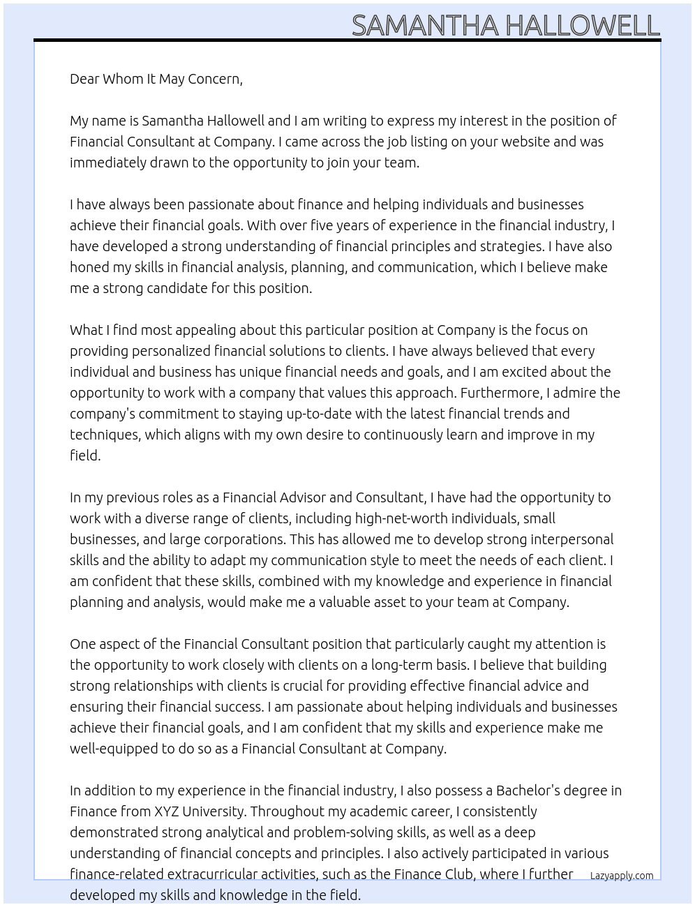 Financial Consultant   At Company Cover Letter