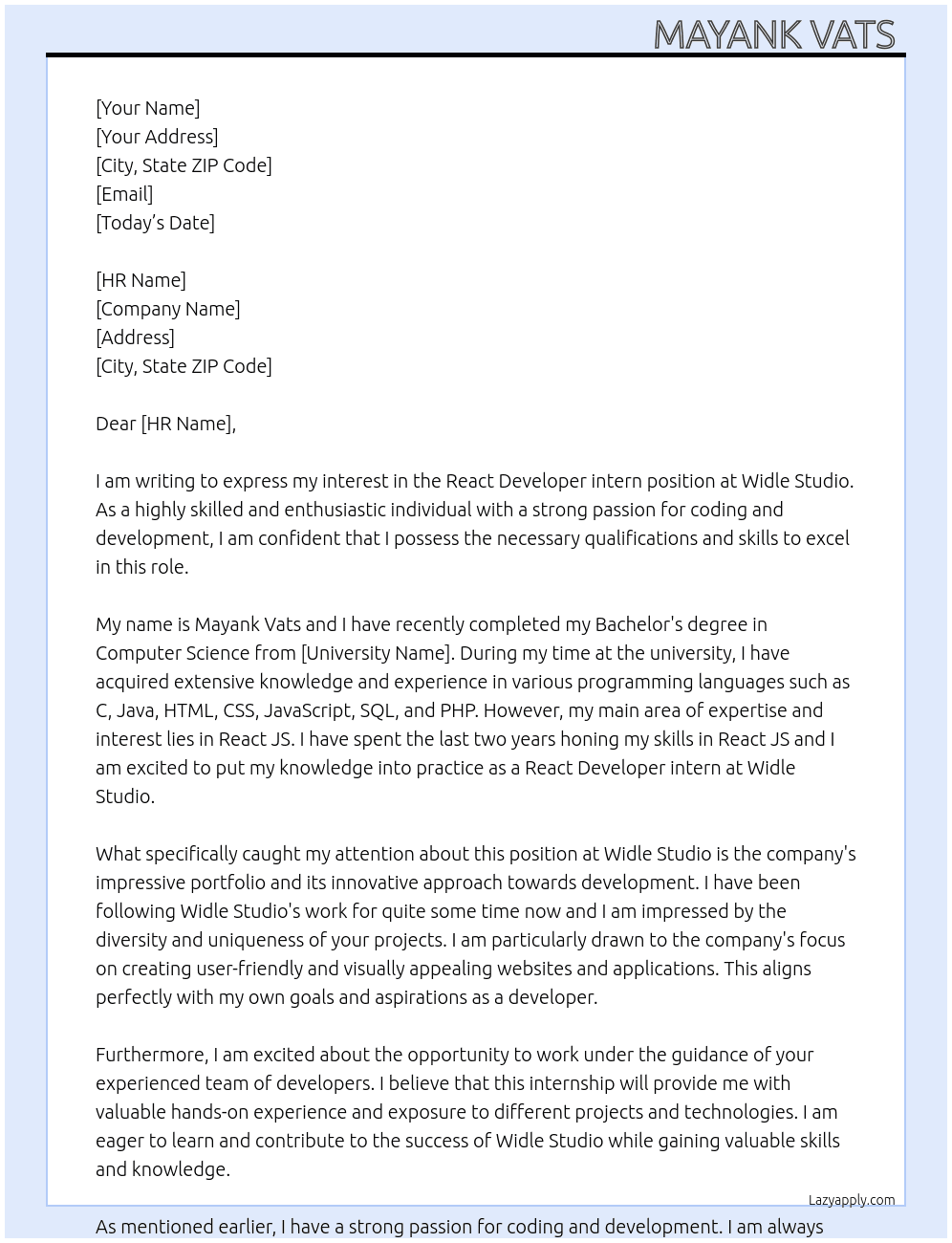 React Developer intern At Widle Studio Cover Letter
