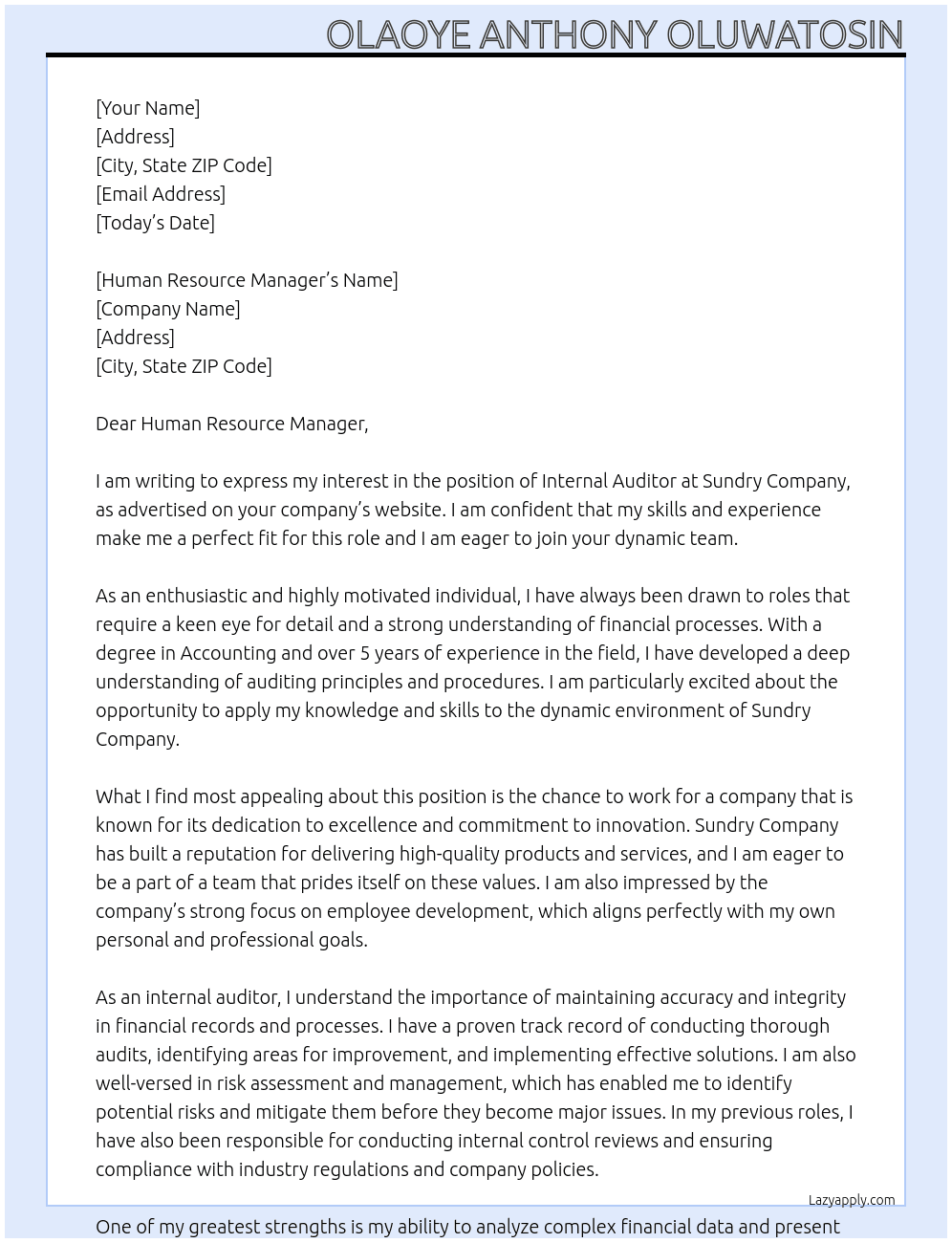 Internal auditor  At Sundry company  Cover Letter