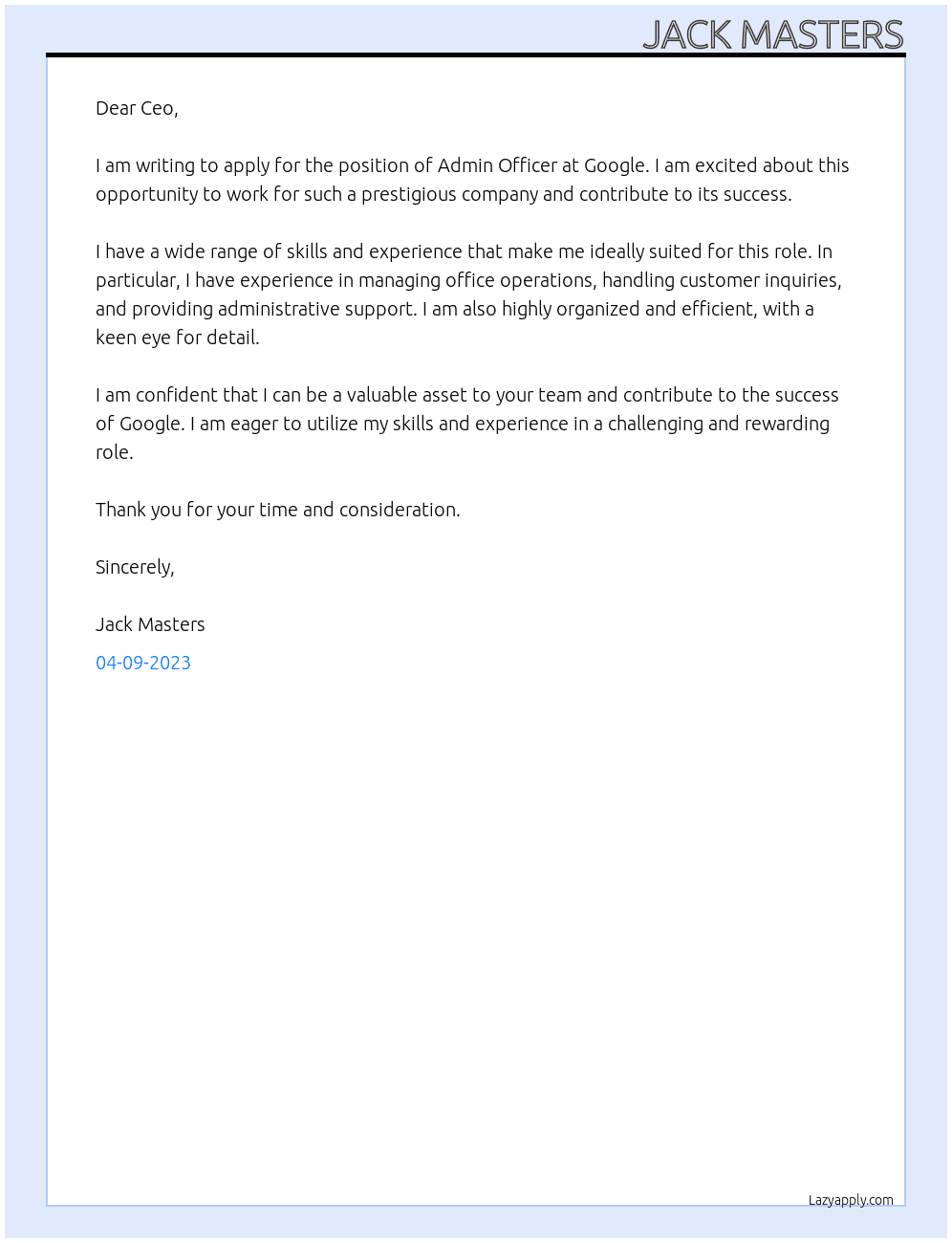 Admin Officer At Google Cover Letter