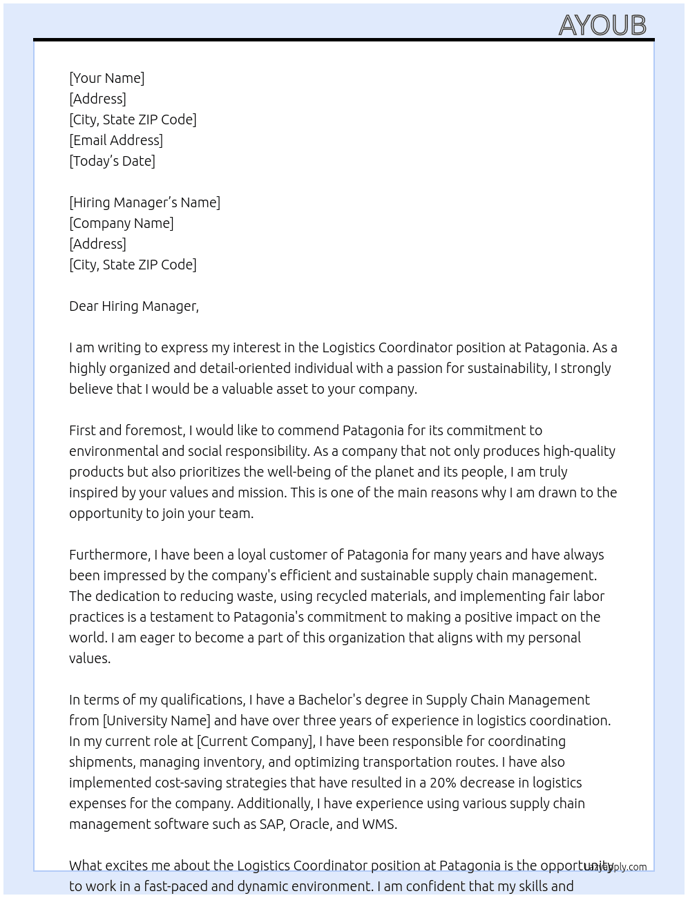 Logistics Coordinater  At Patagonia Cover Letter