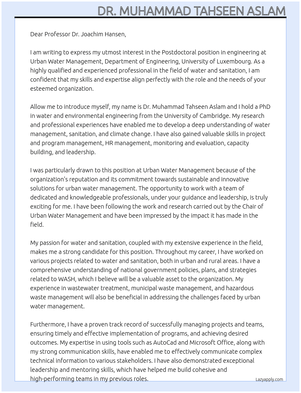 Post doctoral position in engineering At Urban Water Management, Department of Engineering, University of Luxembourg Cover Letter