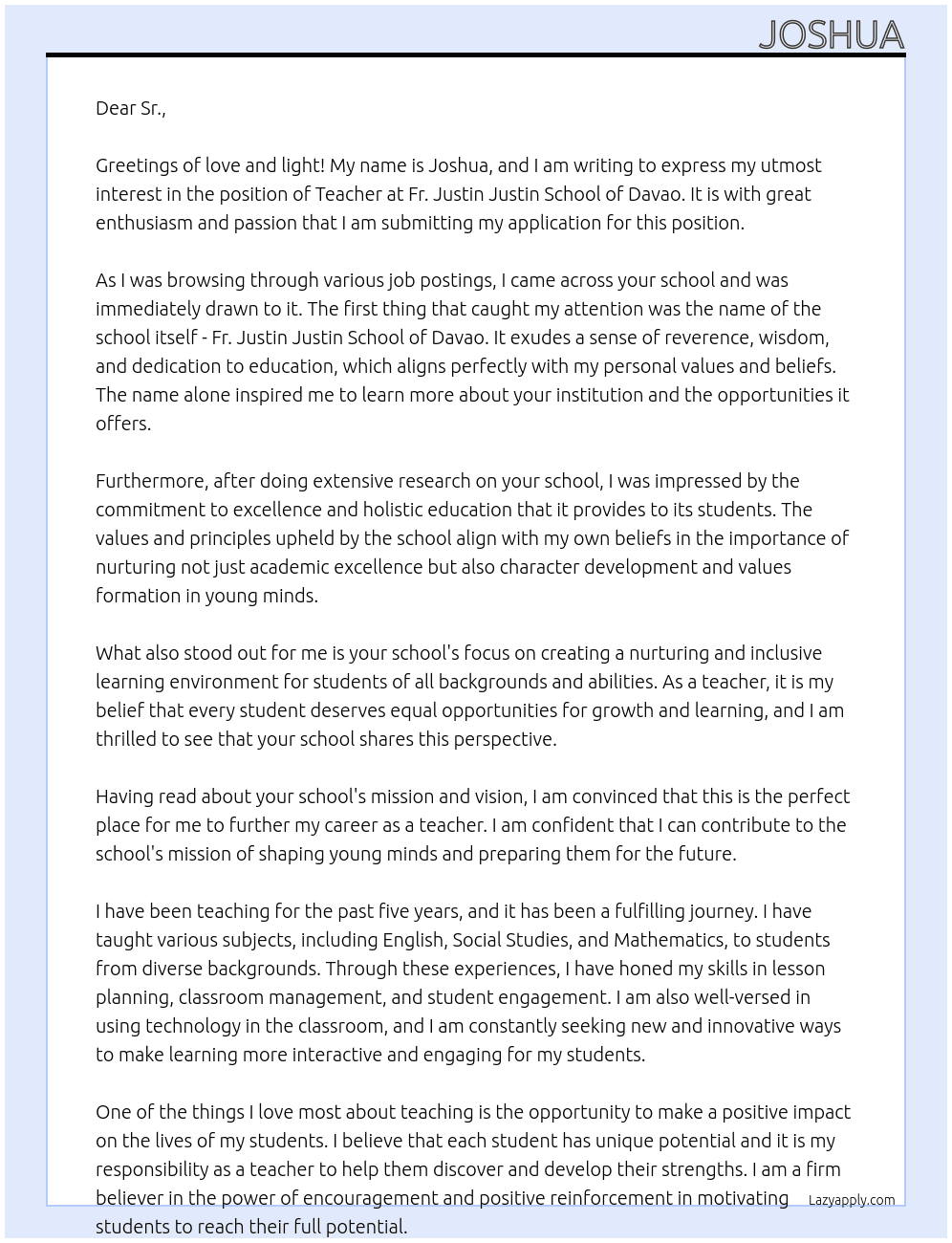 Teacher At Fr. Justin Justin School pf Davao Cover Letter