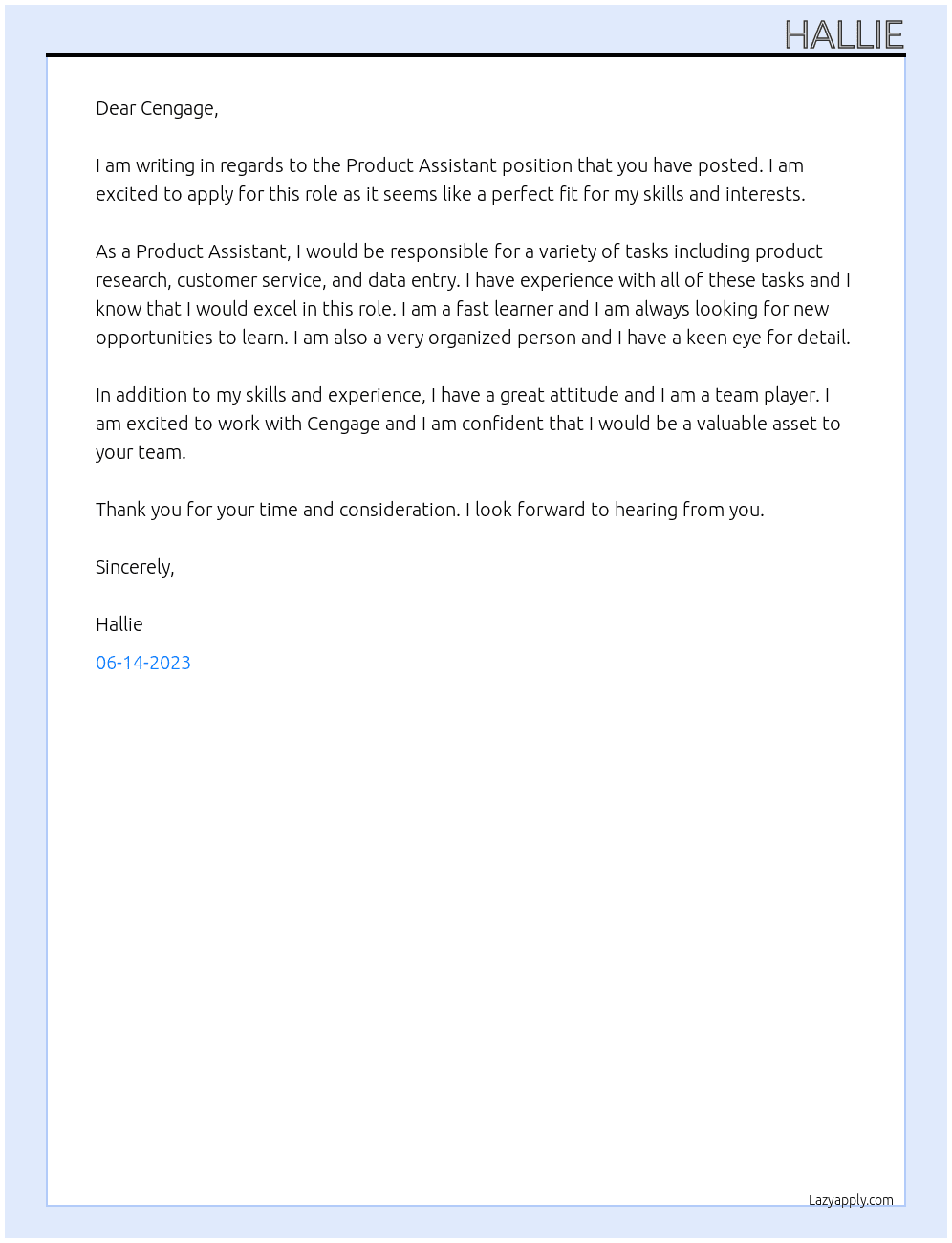 Product Assistant At Cengage Cover Letter