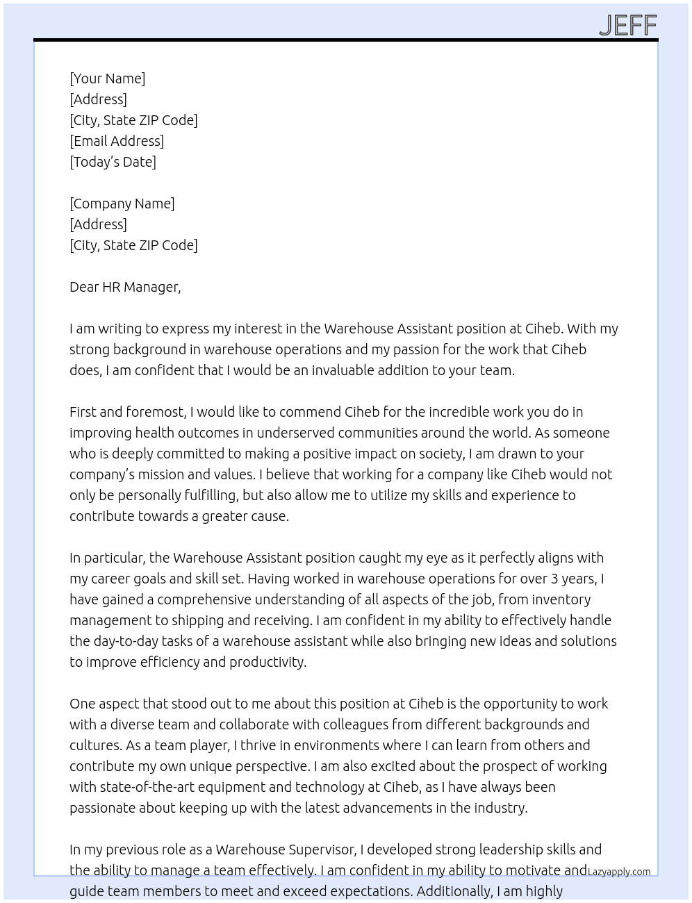 Warehouse assistant  At Ciheb Cover Letter