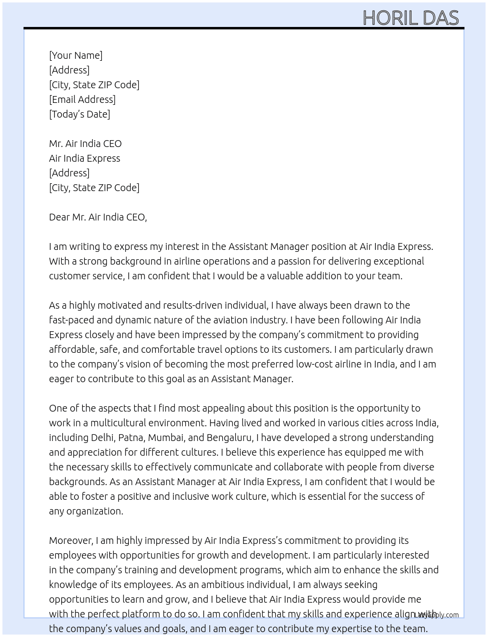 Assistant of Maneger  At Air India Express  Cover Letter