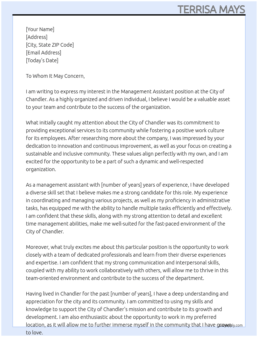 Management Assistant At City of Chandler Cover Letter