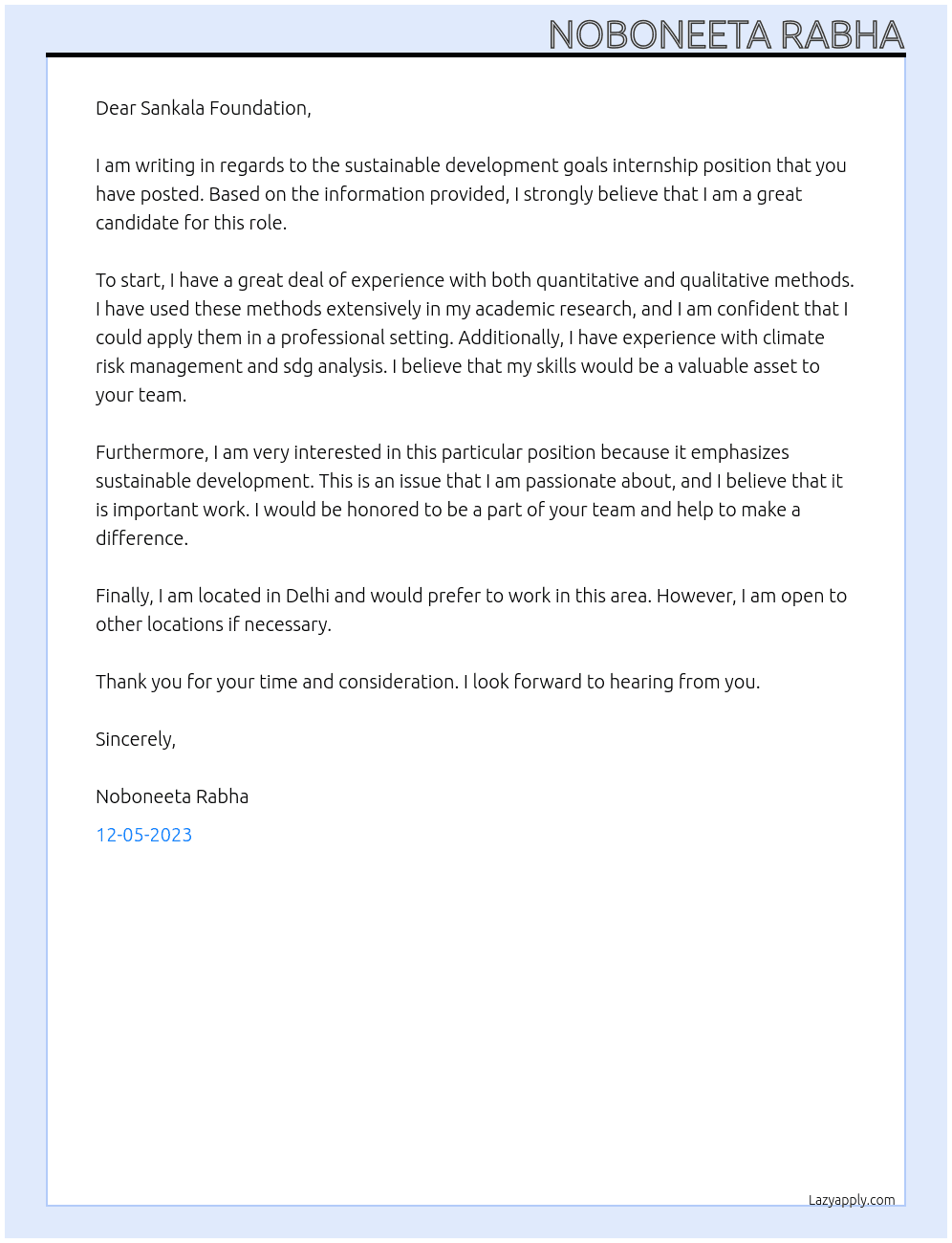 Sustainable development goals At Sankala foundation Cover Letter