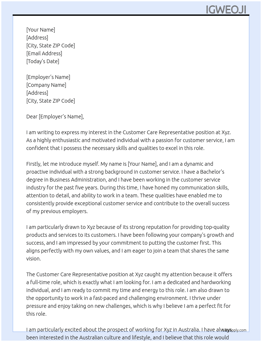Customer Care Representative  At Xyz Cover Letter