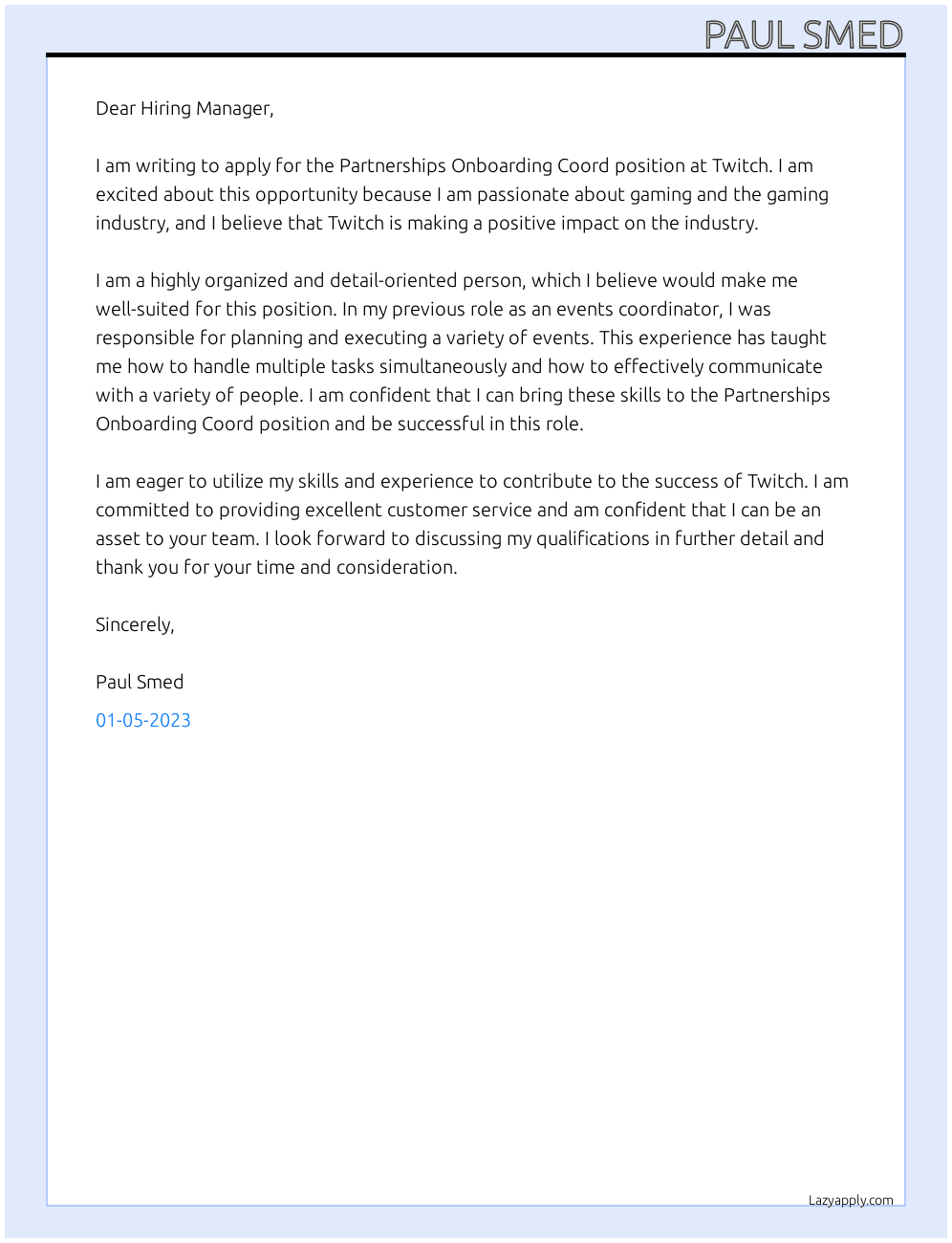 Partnerships Onboarding Coord At Twitch Cover Letter