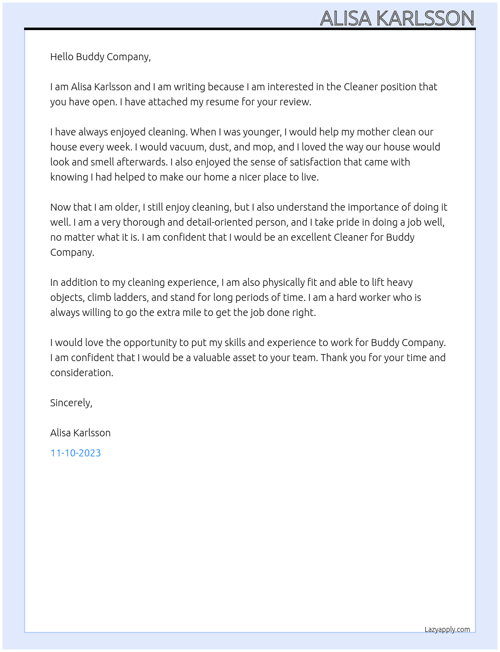 Cleaner At buddy company Cover Letter