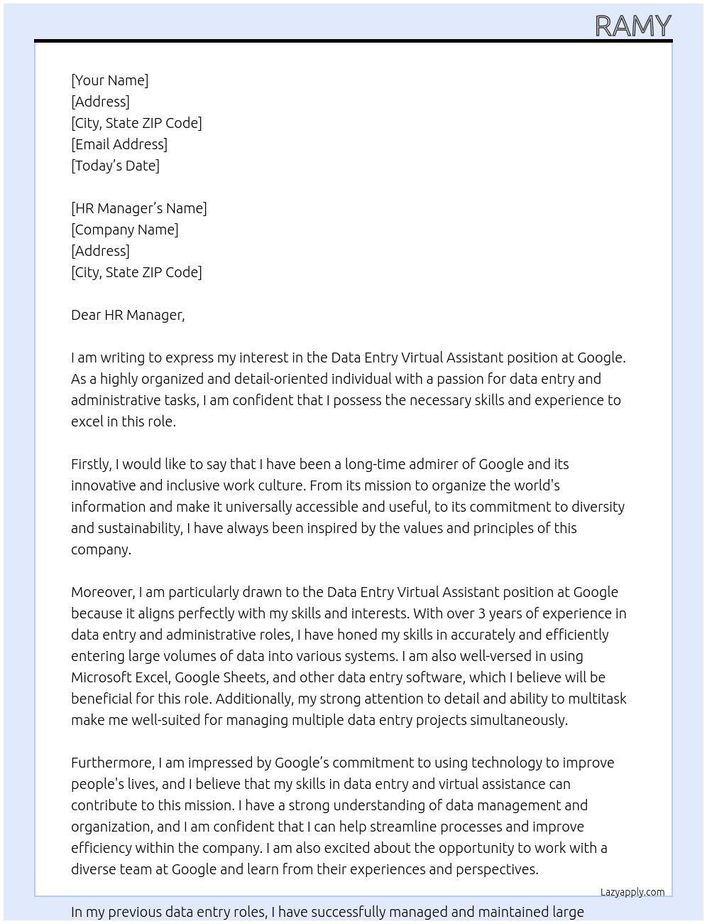 data entry virtual assistant At google Cover Letter
